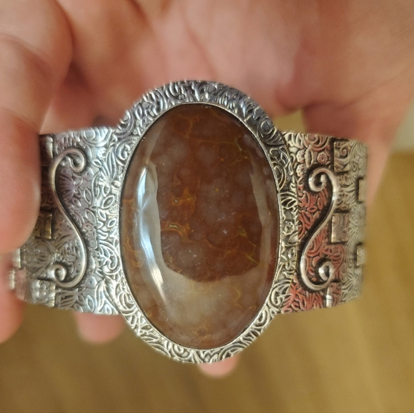 New Oversized Seam Agate 925 Silver Cuff Bracelet. - Picture 8 of 15